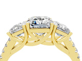 Yellow gold Three-Stone Emerald Cut Moissanite Ring with Pavé Band and Prong Setting_16