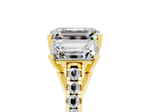 Yellow gold Three-Stone Emerald Cut Moissanite Ring with Pavé Band and Prong Setting_17