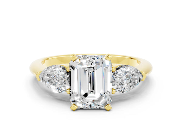 Yellow gold Three-Stone Emerald Cut Moissanite Ring with Pear Side Stones and Four-Prong Setting