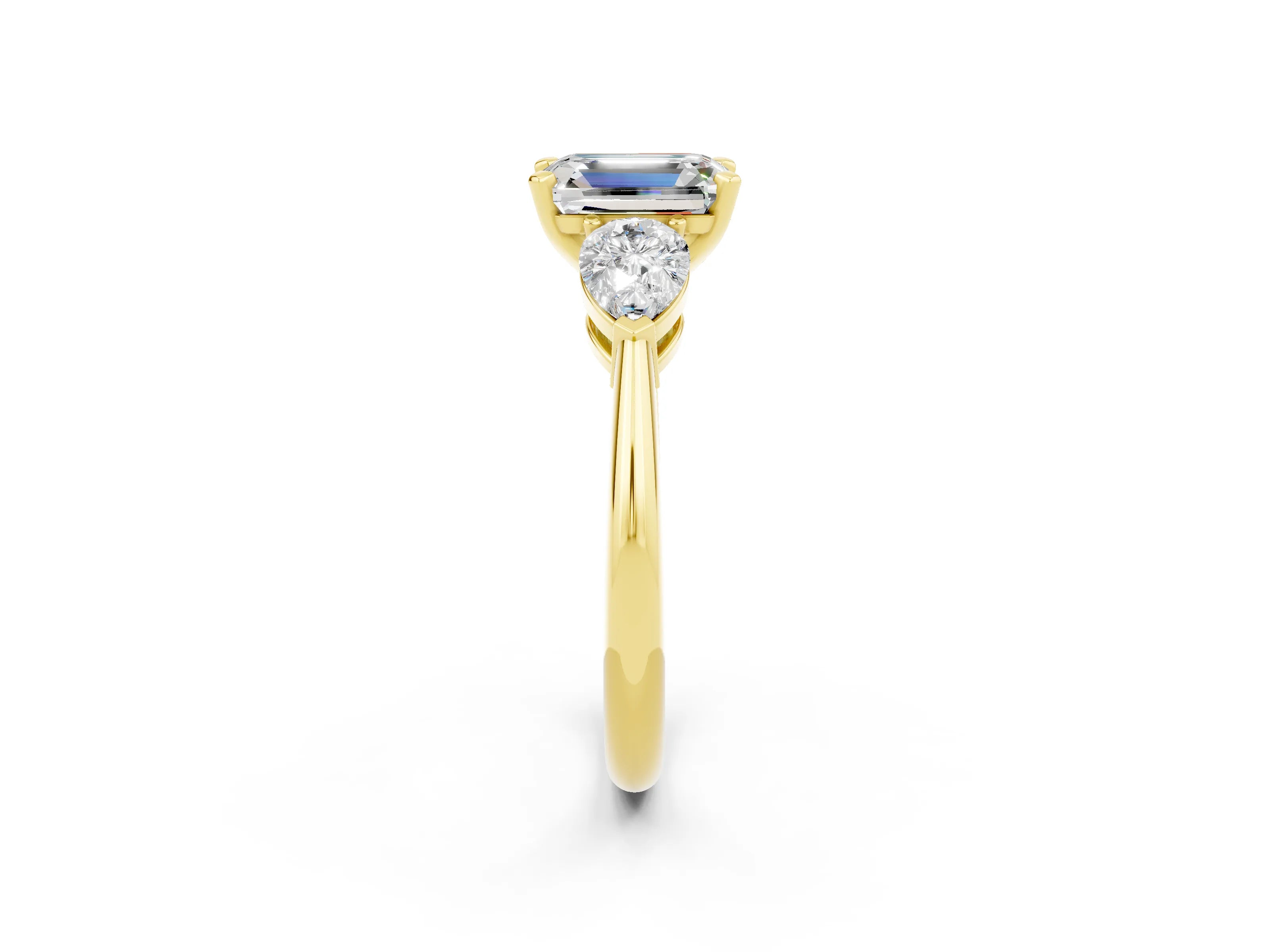 Yellow gold Three-Stone Emerald Cut Moissanite Ring with Pear Side Stones and Four-Prong Setting_2