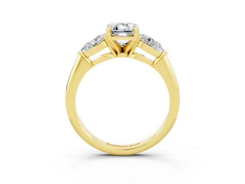 Yellow gold Three-Stone Emerald Cut Moissanite Ring with Pear Side Stones and Four-Prong Setting_3