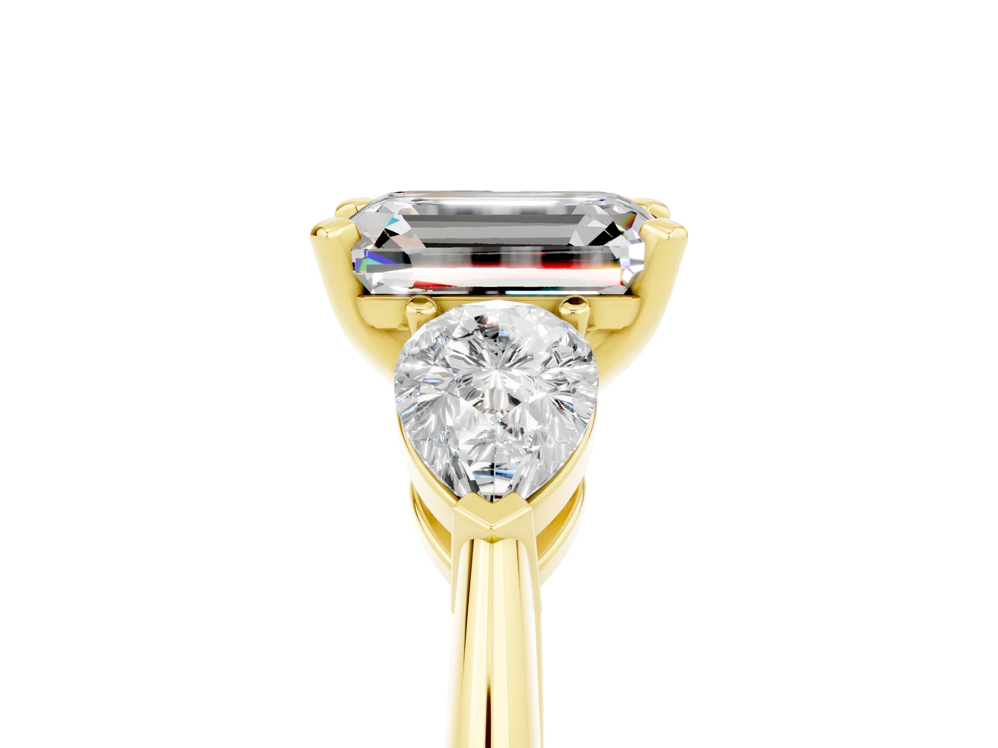 Yellow gold Three-Stone Emerald Cut Moissanite Ring with Pear Side Stones and Four-Prong Setting_5