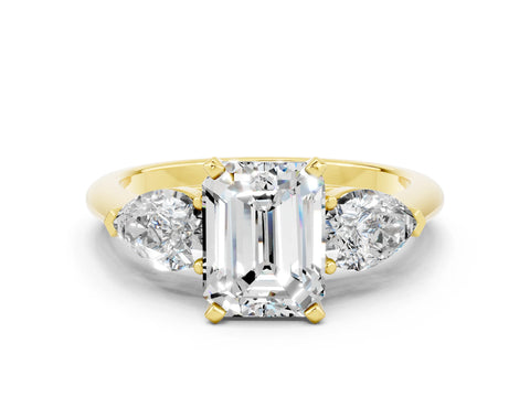 Yellow gold Three-Stone Emerald Cut Moissanite Ring with Pear Side Stones and Four-Prong Setting