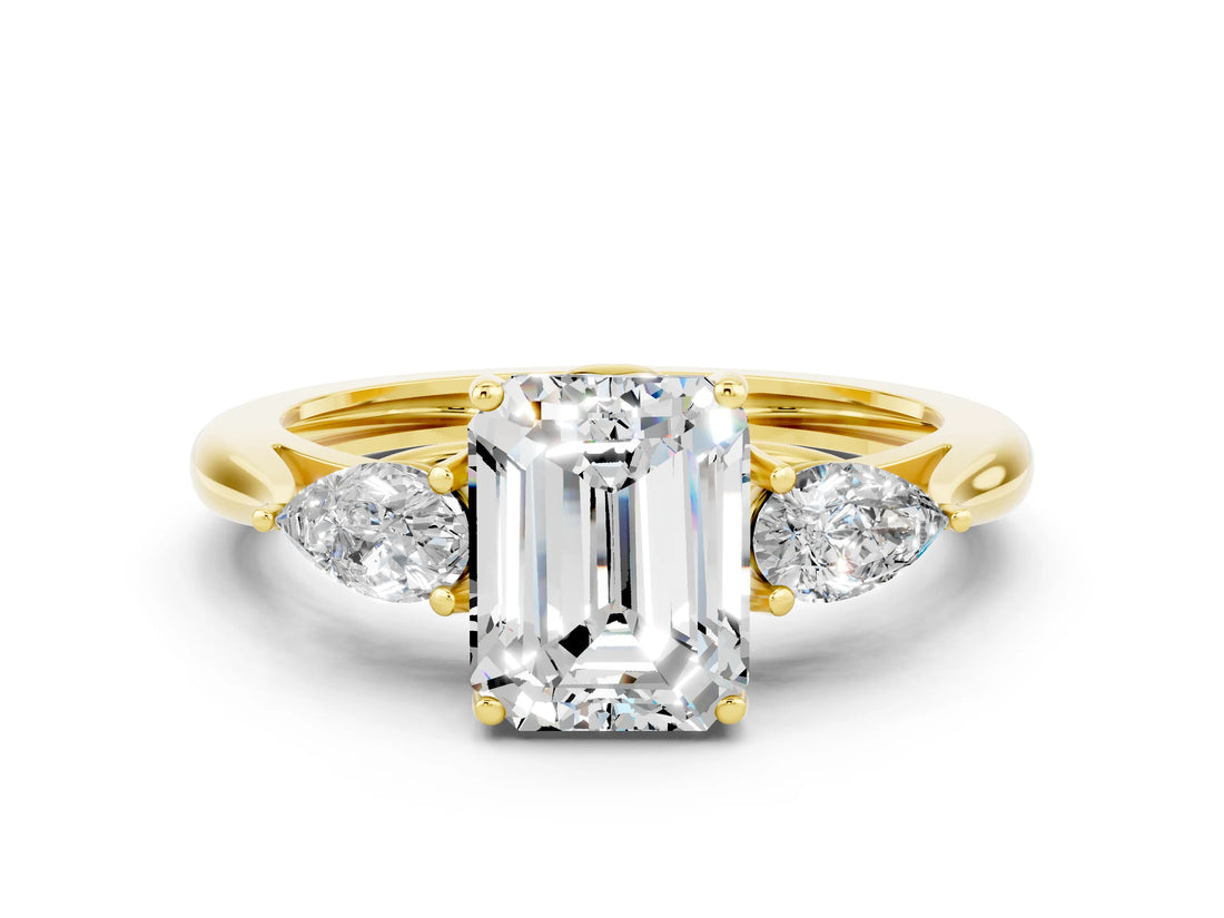 Yellow gold Three-Stone Emerald Cut Moissanite Ring with Pear  Side Stones in Four-Prong Setting_12