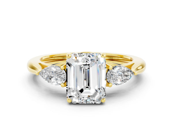 Yellow gold Three-Stone Emerald Cut Moissanite Ring with Pear  Side Stones in Four-Prong Setting