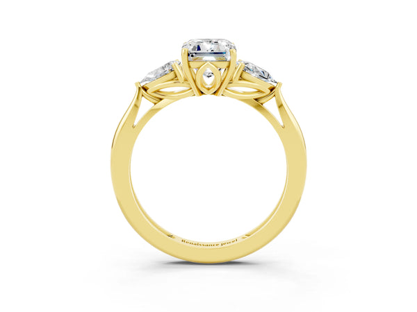 Yellow gold Three-Stone Emerald Cut Moissanite Ring with Pear  Side Stones in Four-Prong Setting