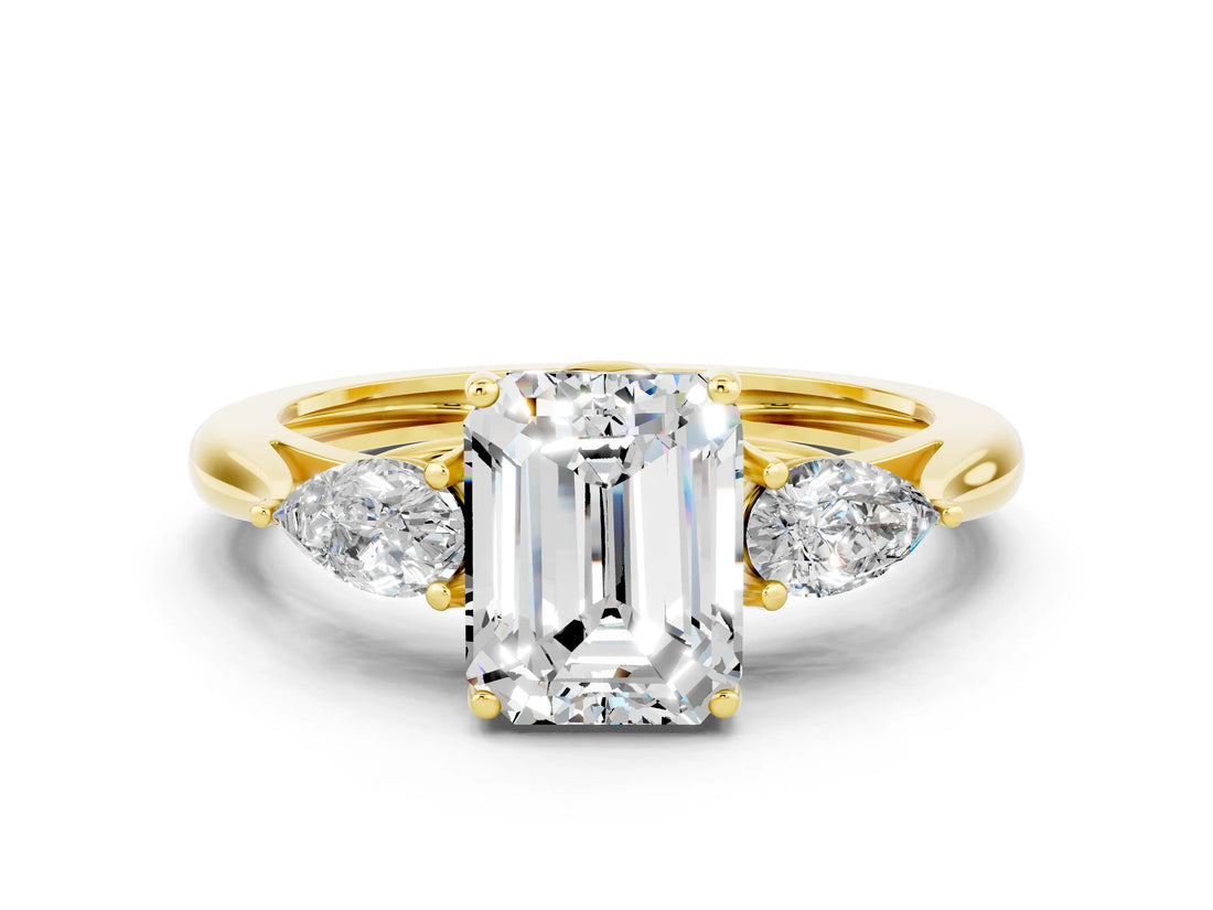 Yellow gold Three-Stone Emerald Cut Moissanite Ring with Pear  Side Stones in Four-Prong Setting_36