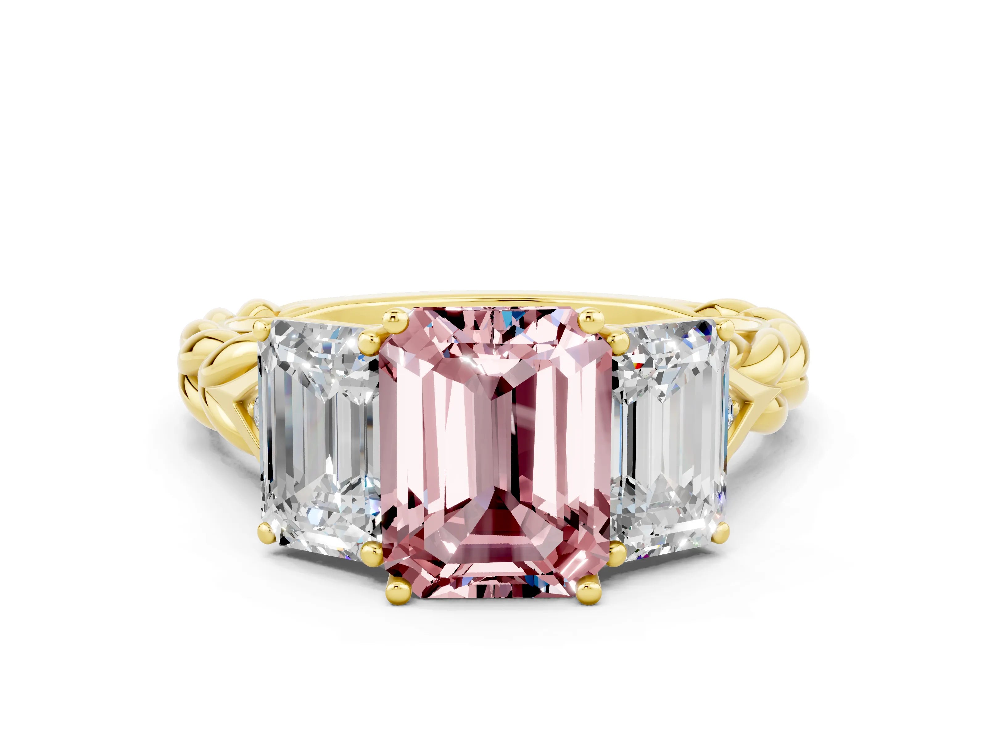 Yellow gold Three-Stone Emerald Cut Morganite Braided Band Ring with Four-Prong Setting_36