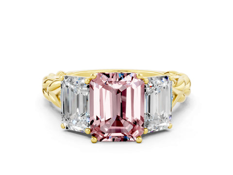 Yellow gold Three-Stone Emerald Cut Morganite Braided Band Ring with Four-Prong Setting_36