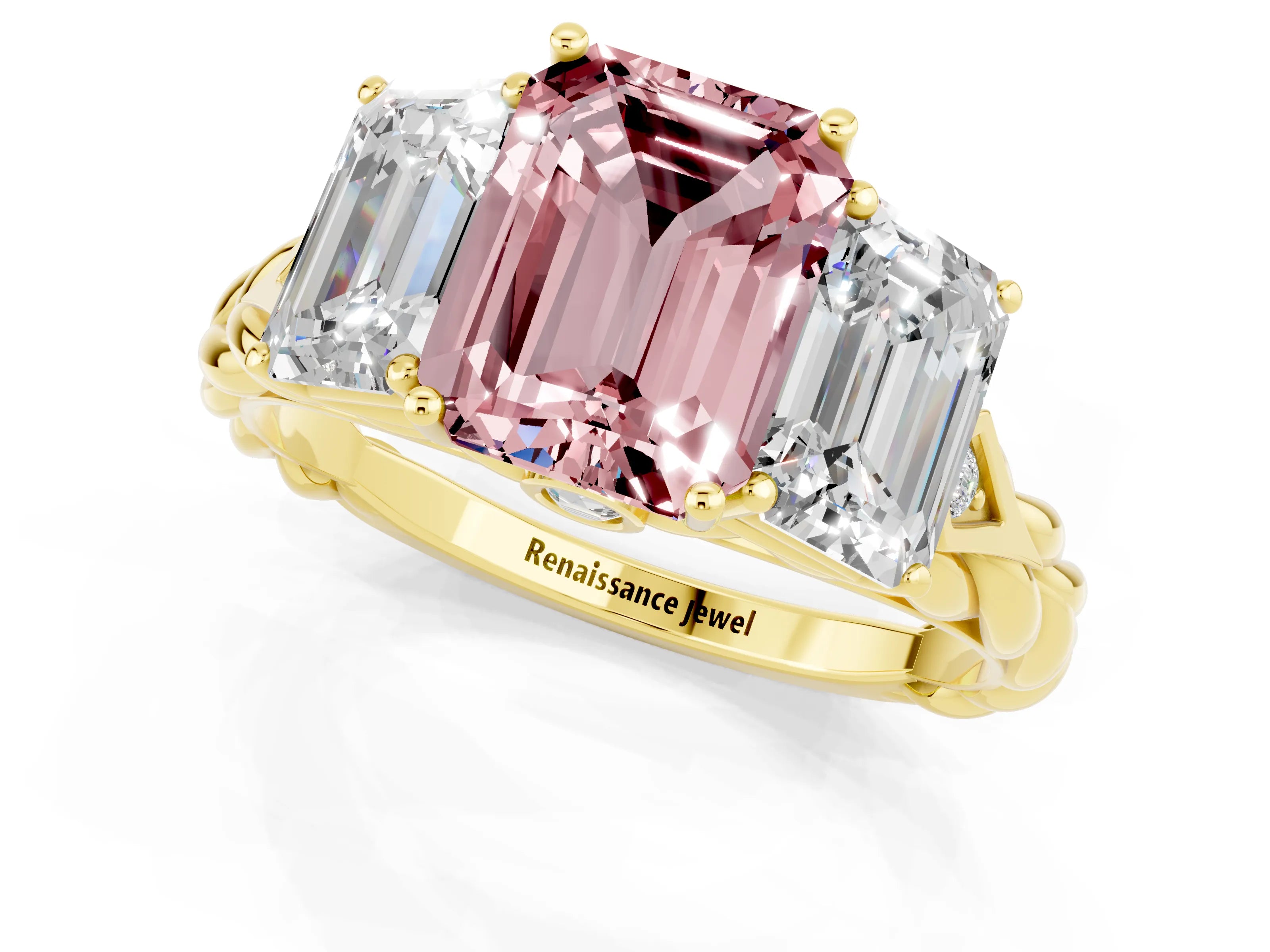 Yellow gold Three-Stone Emerald Cut Morganite Braided Band Ring with Four-Prong Setting_37