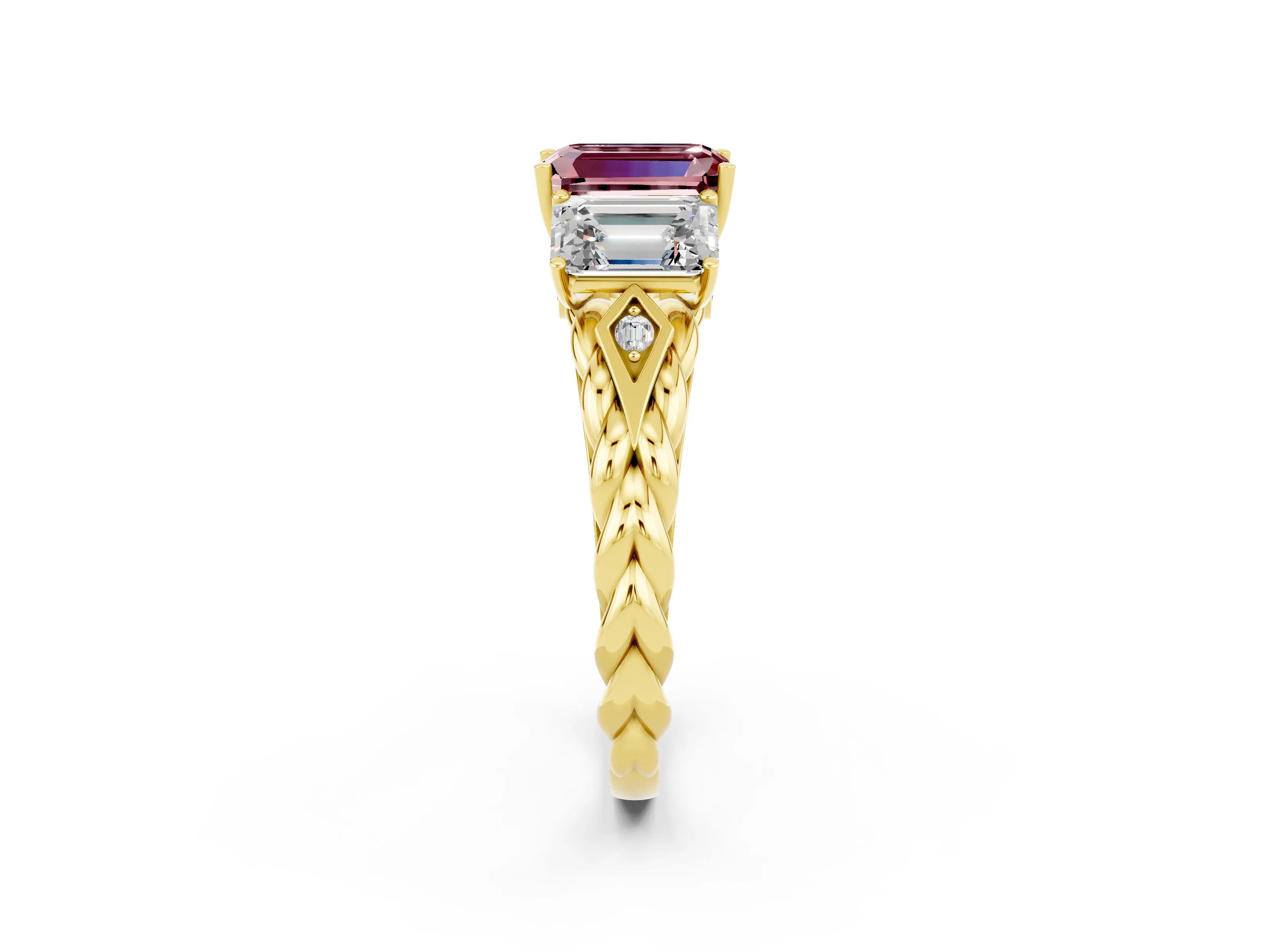Yellow gold Three-Stone Emerald Cut Morganite Braided Band Ring with Four-Prong Setting_38