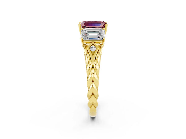 Yellow gold Three-Stone Emerald Cut Morganite Braided Band Ring with Four-Prong Setting