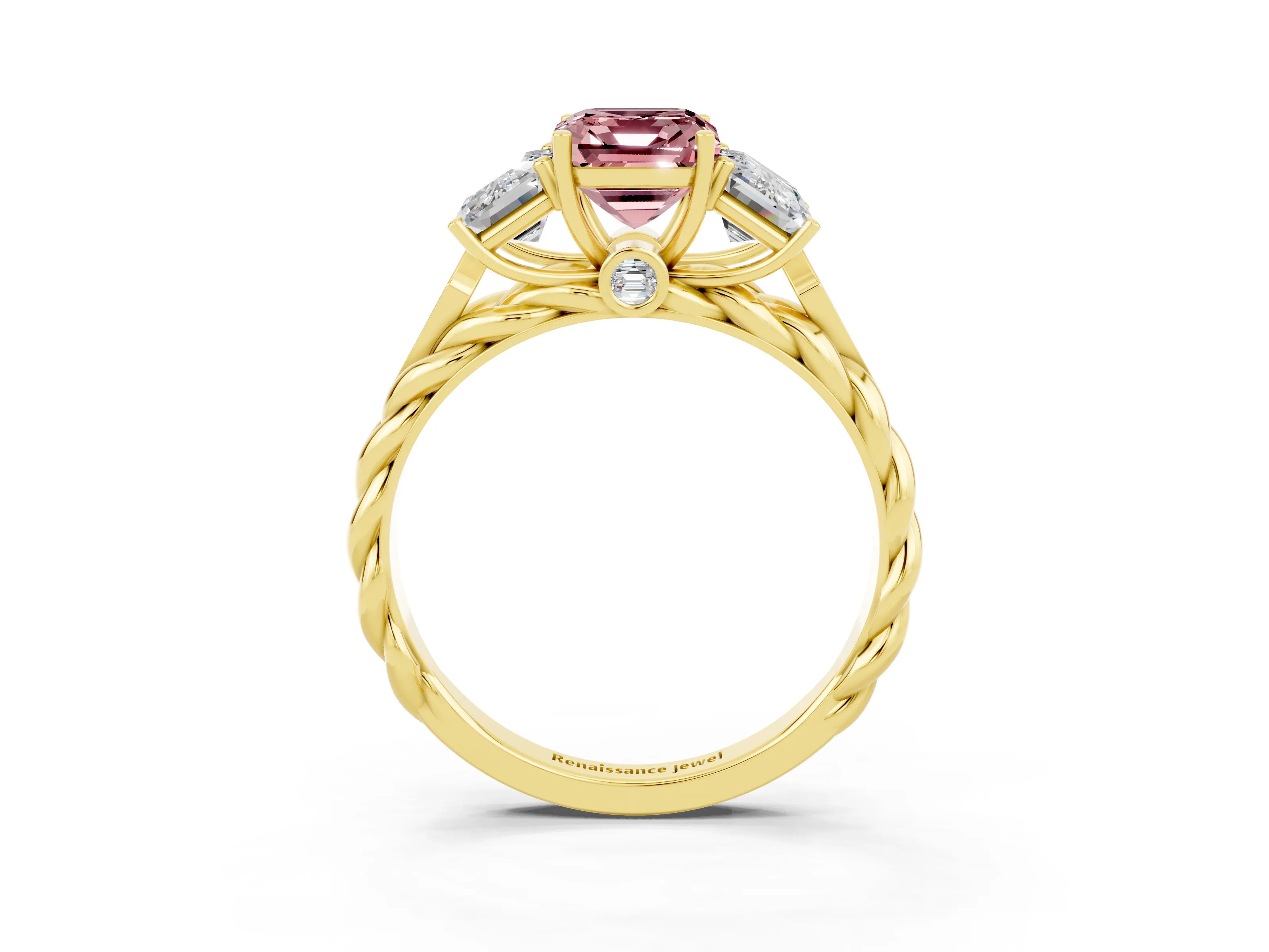 Yellow gold Three-Stone Emerald Cut Morganite Braided Band Ring with Four-Prong Setting_39