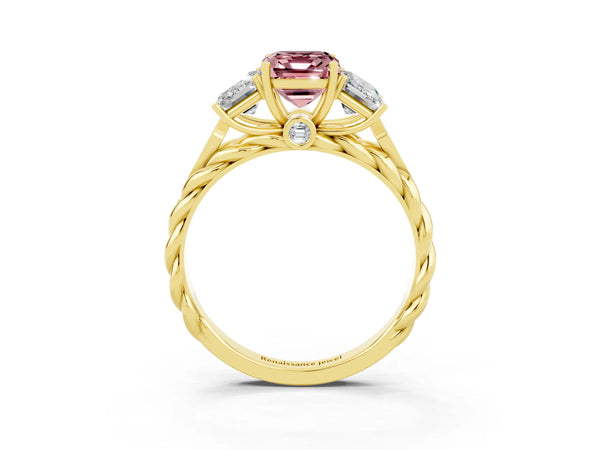 Yellow gold Three-Stone Emerald Cut Morganite Braided Band Ring with Four-Prong Setting