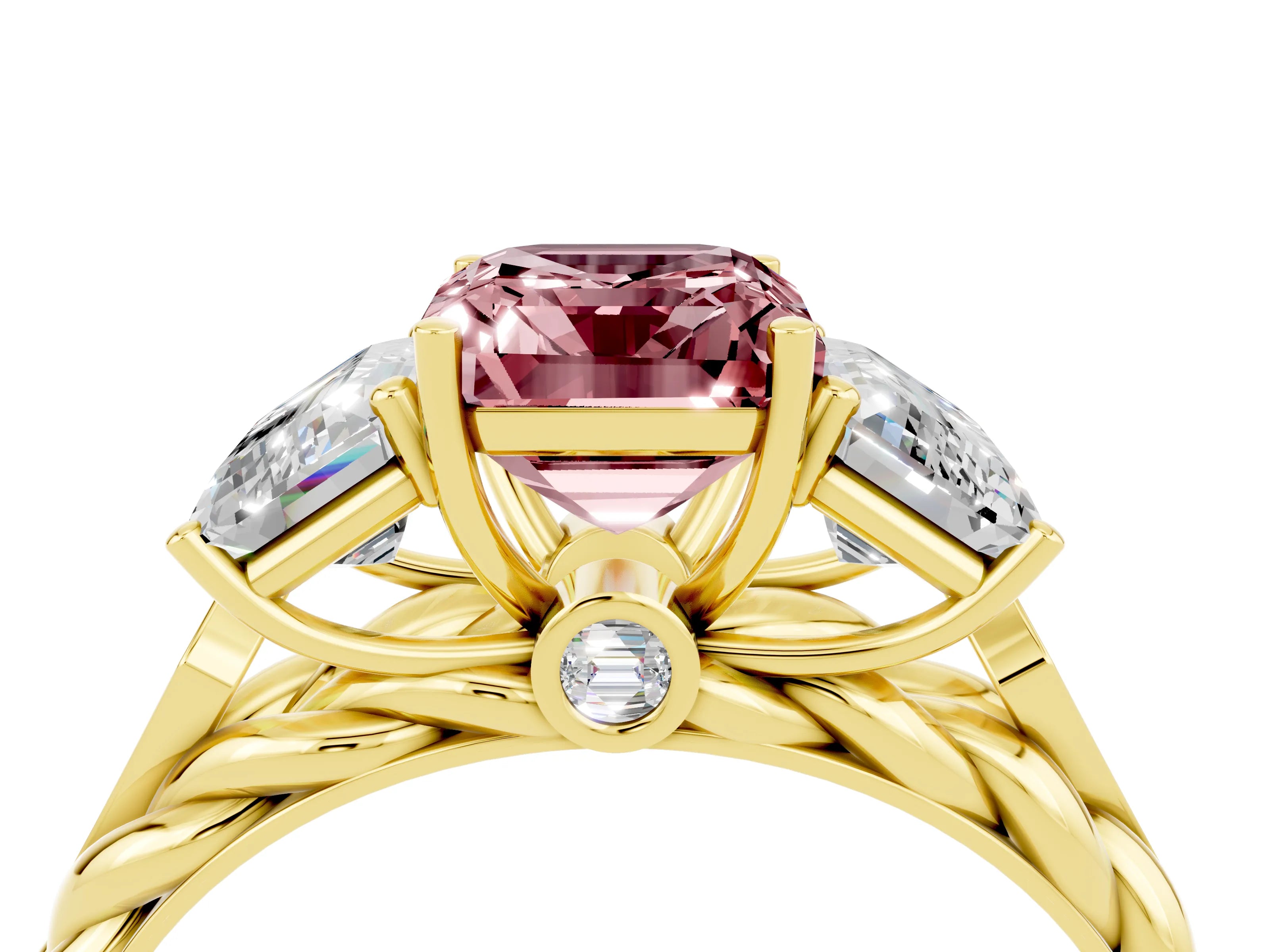 Yellow gold Three-Stone Emerald Cut Morganite Braided Band Ring with Four-Prong Setting_40