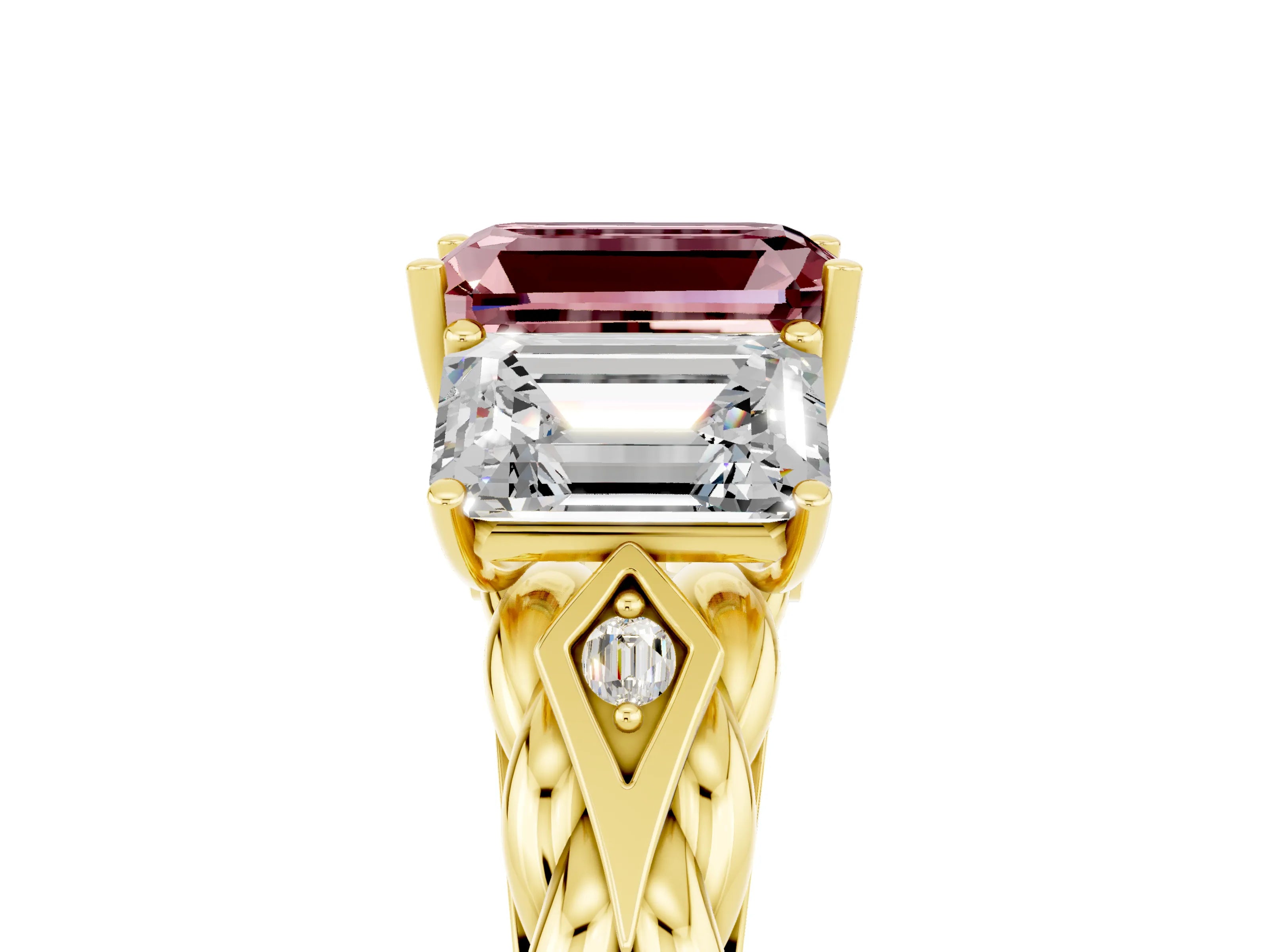 Yellow gold Three-Stone Emerald Cut Morganite Braided Band Ring with Four-Prong Setting_41