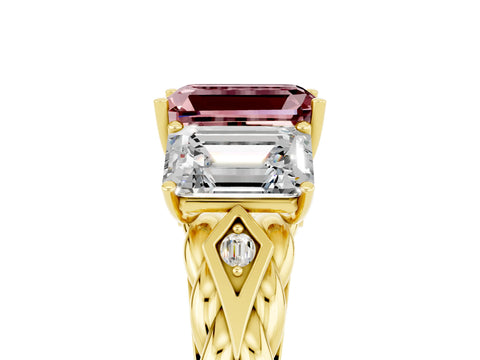 Yellow gold Three-Stone Emerald Cut Morganite Braided Band Ring with Four-Prong Setting_41