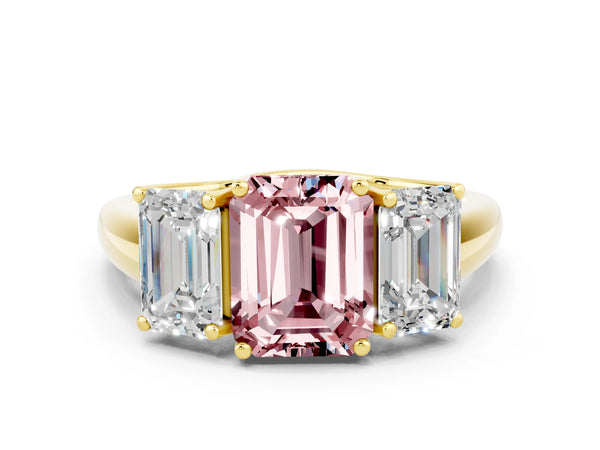 Yellow gold Three-Stone Emerald Cut Morganite Engagement Ring with Prong Setting