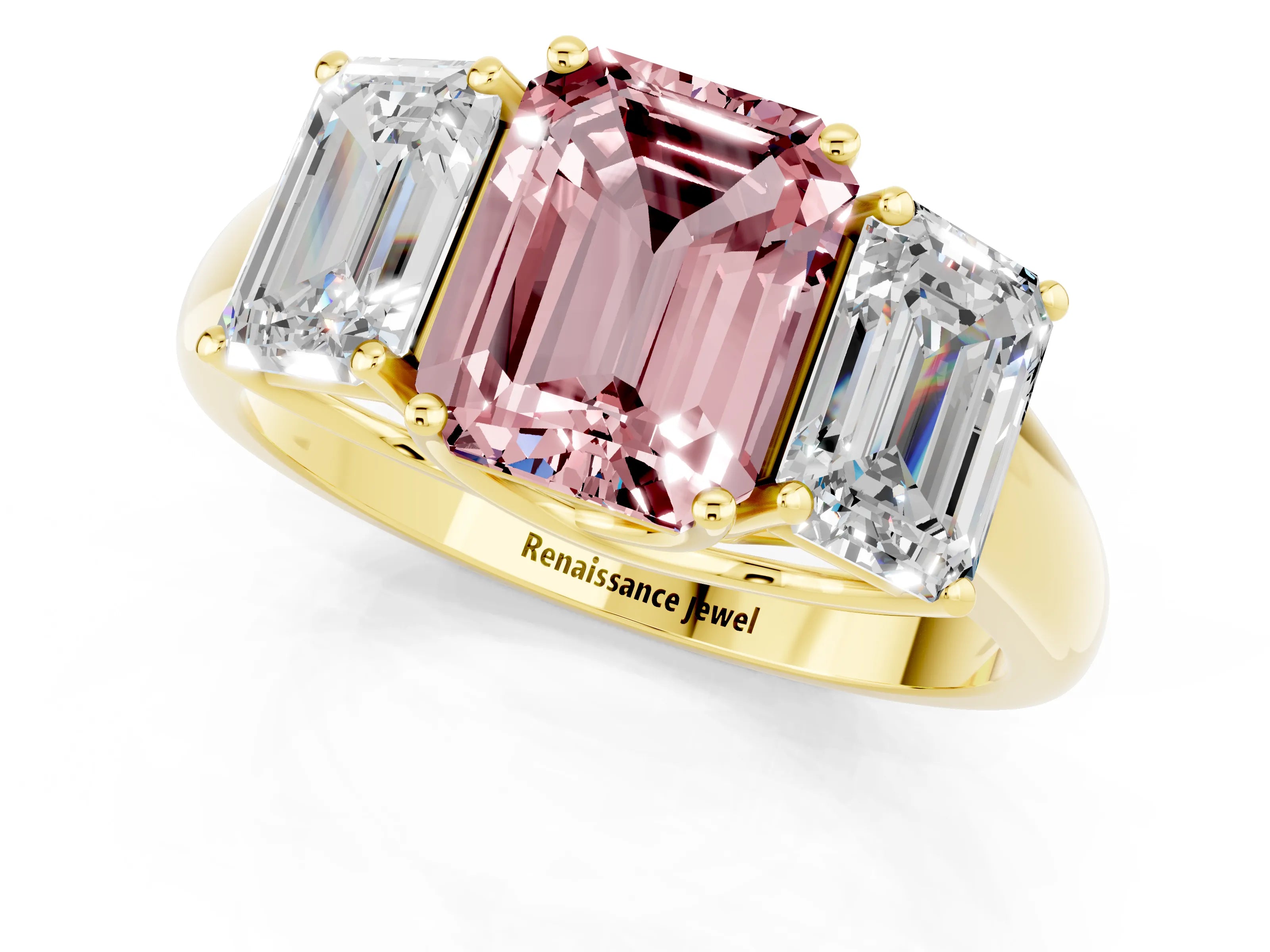 Yellow gold Three-Stone Emerald Cut Morganite Engagement Ring with Prong Setting_1