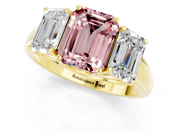 Yellow gold Three-Stone Emerald Cut Morganite Engagement Ring with Prong Setting