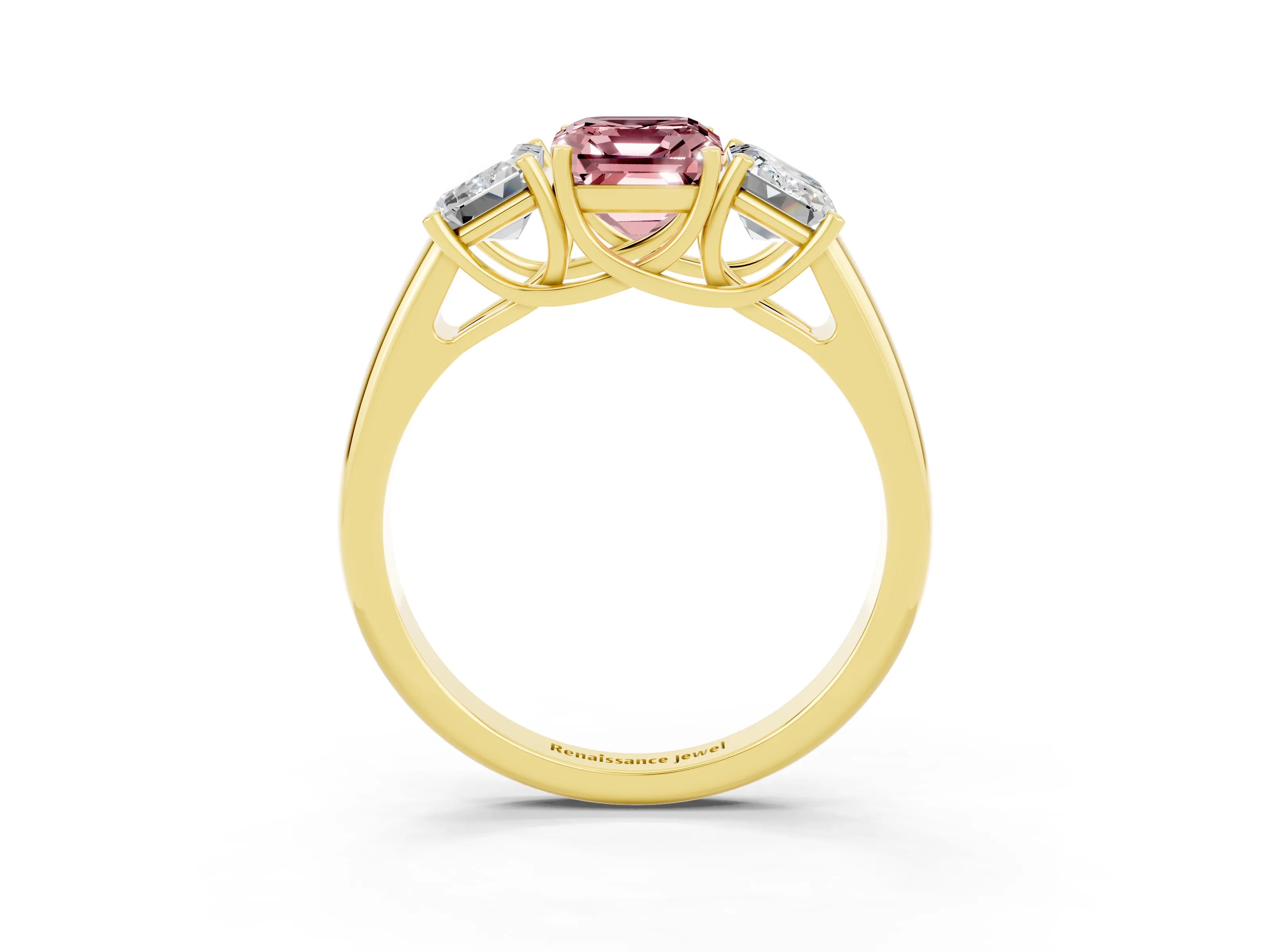 Yellow gold Three-Stone Emerald Cut Morganite Engagement Ring with Prong Setting_3