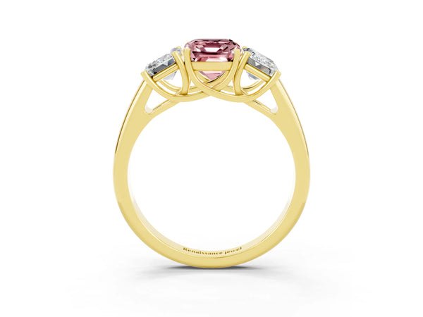 Yellow gold Three-Stone Emerald Cut Morganite Engagement Ring with Prong Setting