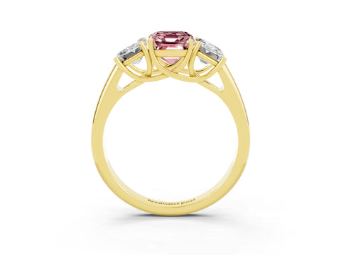 Yellow gold Three-Stone Emerald Cut Morganite Engagement Ring with Prong Setting_3