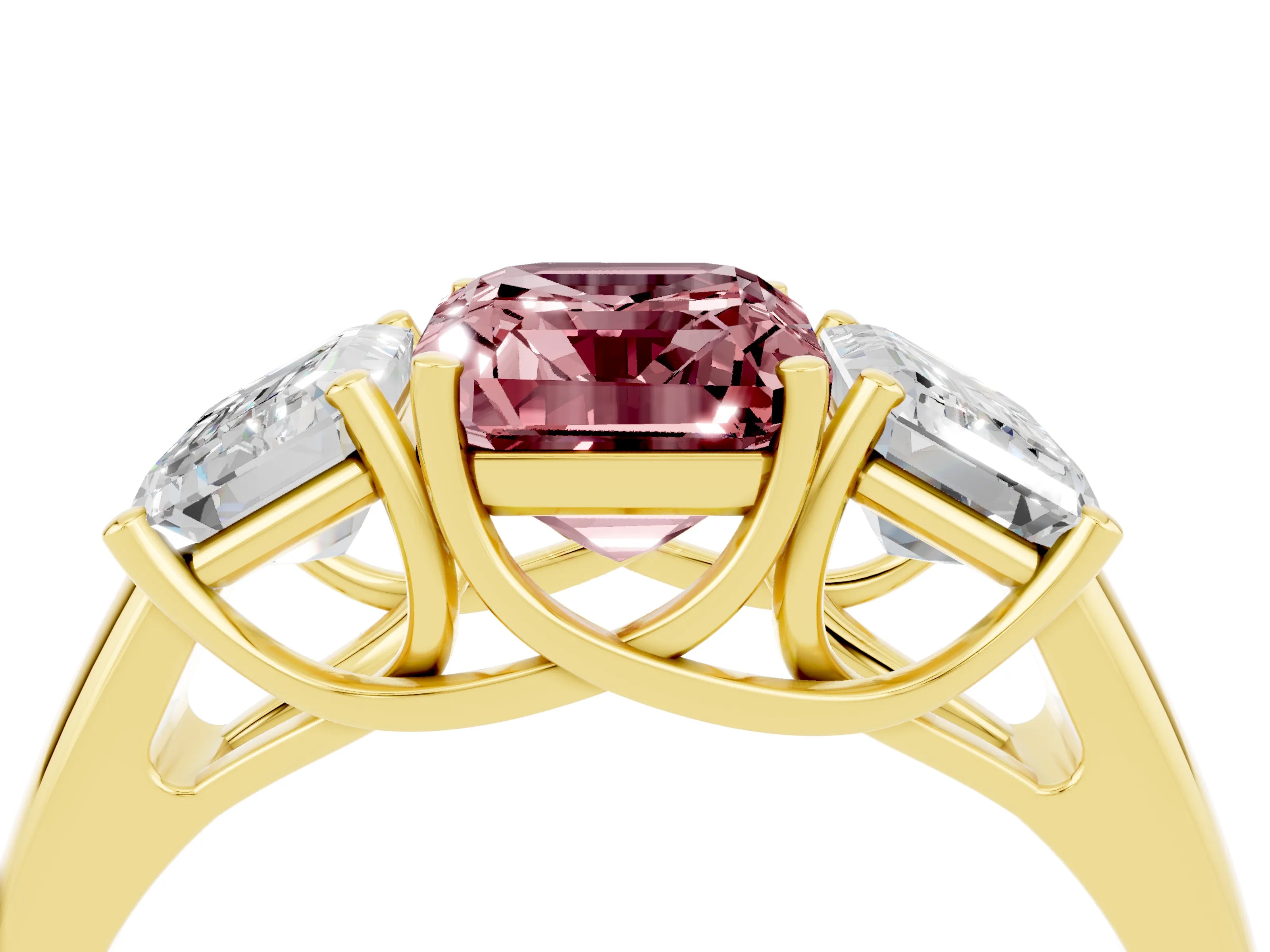 Yellow gold Three-Stone Emerald Cut Morganite Engagement Ring with Prong Setting_4
