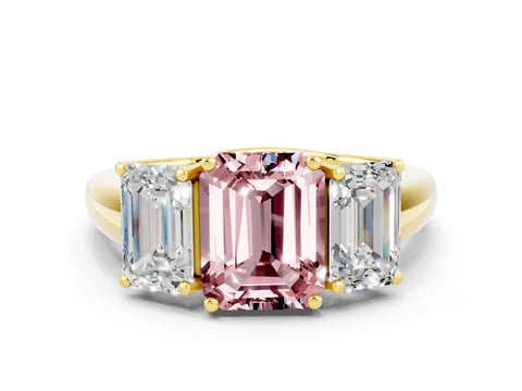Yellow gold Three-Stone Emerald Cut Morganite Engagement Ring with Prong Setting