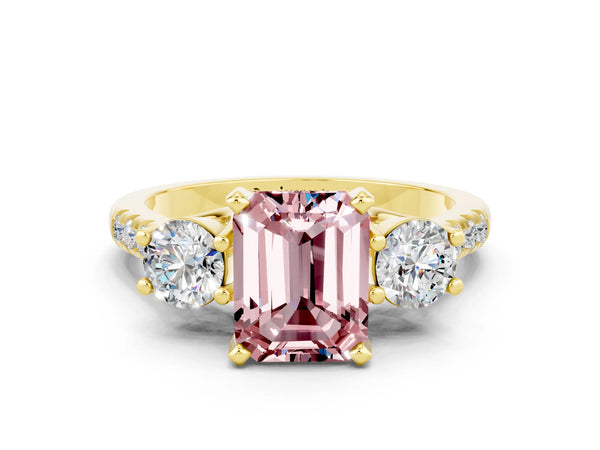 Yellow gold Three-Stone Emerald Cut Morganite Pavé Band with Four-Prong Setting