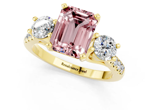 Yellow gold Three-Stone Emerald Cut Morganite Pavé Band with Four-Prong Setting_1