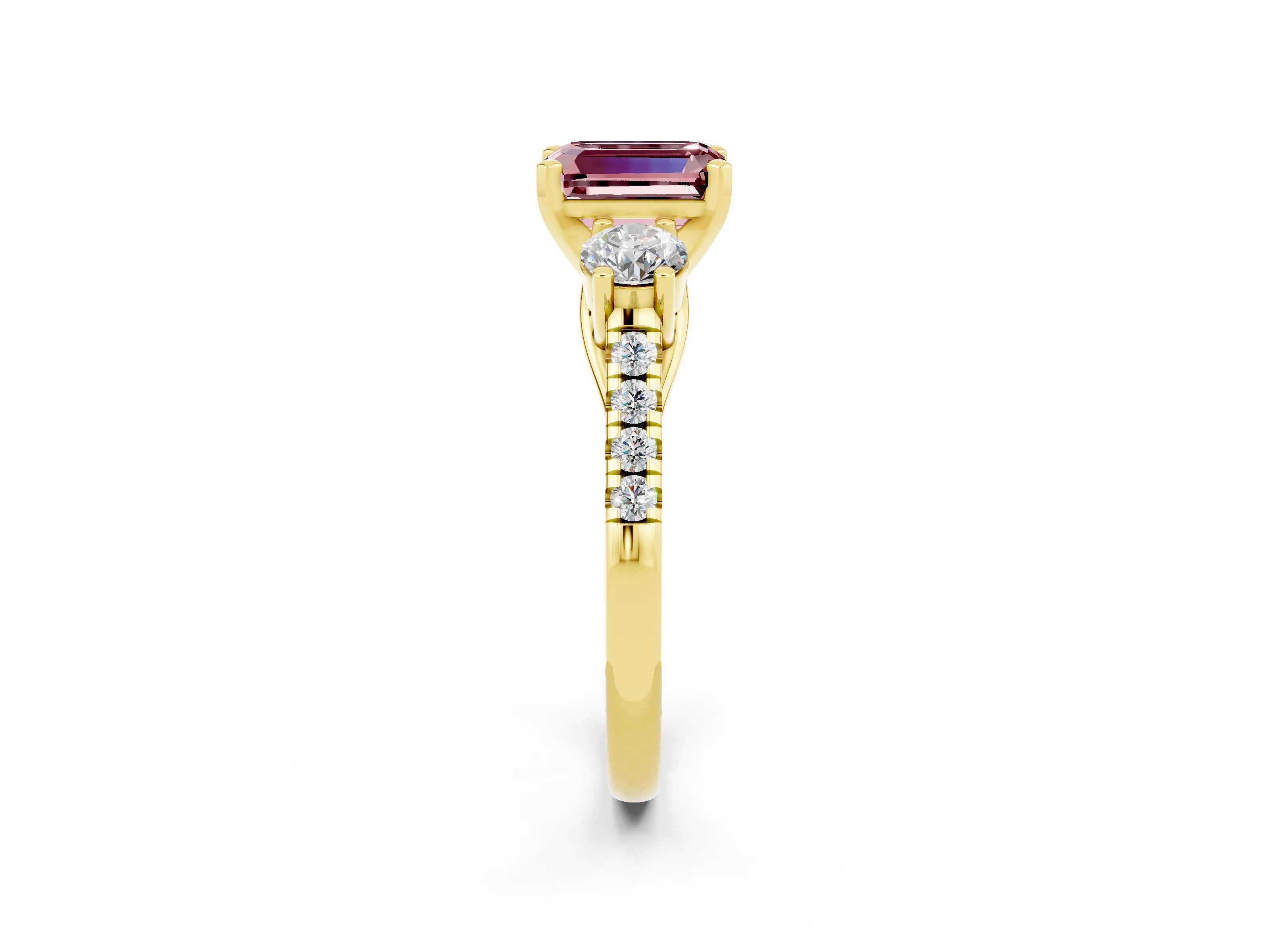 Yellow gold Three-Stone Emerald Cut Morganite Pavé Band with Four-Prong Setting_2