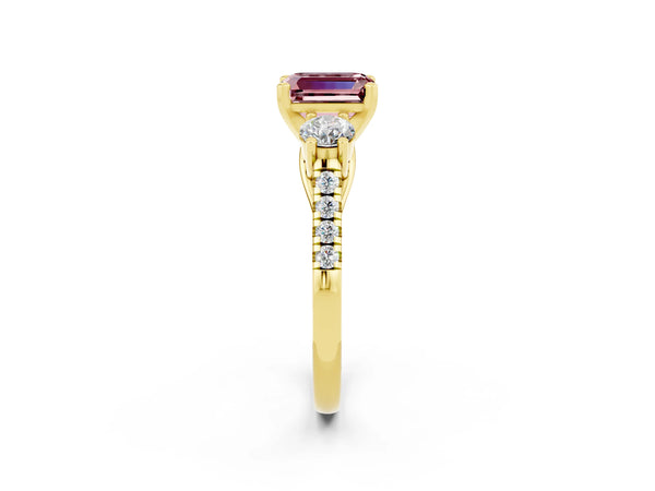 Yellow gold Three-Stone Emerald Cut Morganite Pavé Band with Four-Prong Setting
