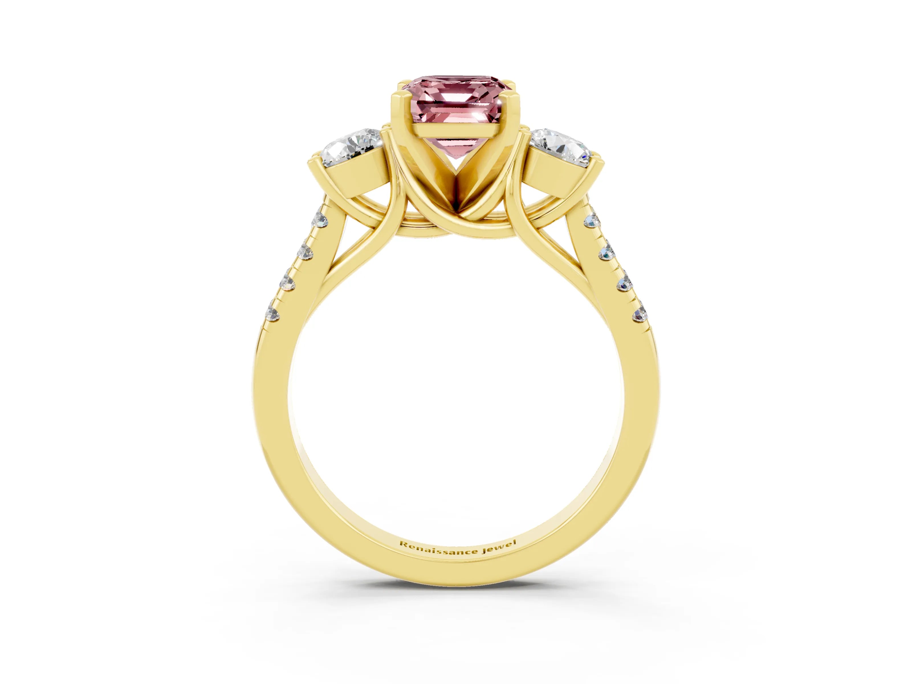 Yellow gold Three-Stone Emerald Cut Morganite Pavé Band with Four-Prong Setting_3