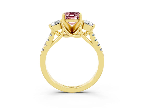 Yellow gold Three-Stone Emerald Cut Morganite Pavé Band with Four-Prong Setting