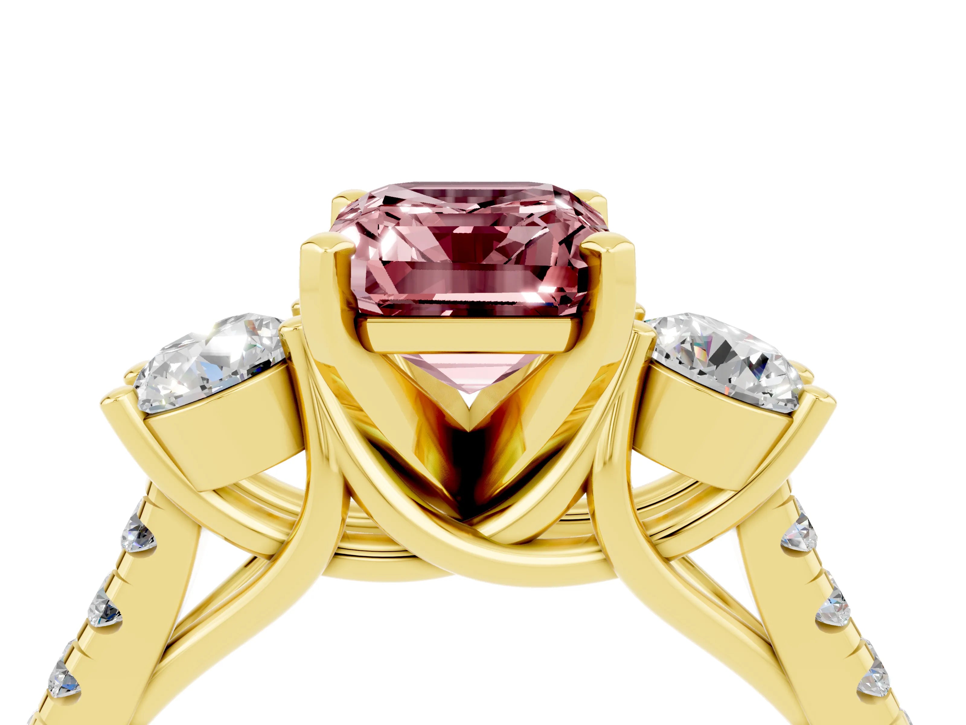 Yellow gold Three-Stone Emerald Cut Morganite Pavé Band with Four-Prong Setting_4