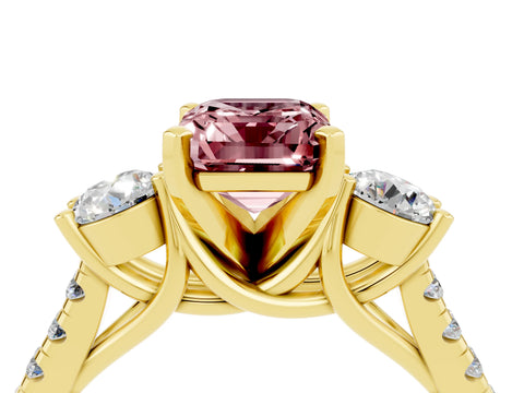 Yellow gold Three-Stone Emerald Cut Morganite Pavé Band with Four-Prong Setting_4