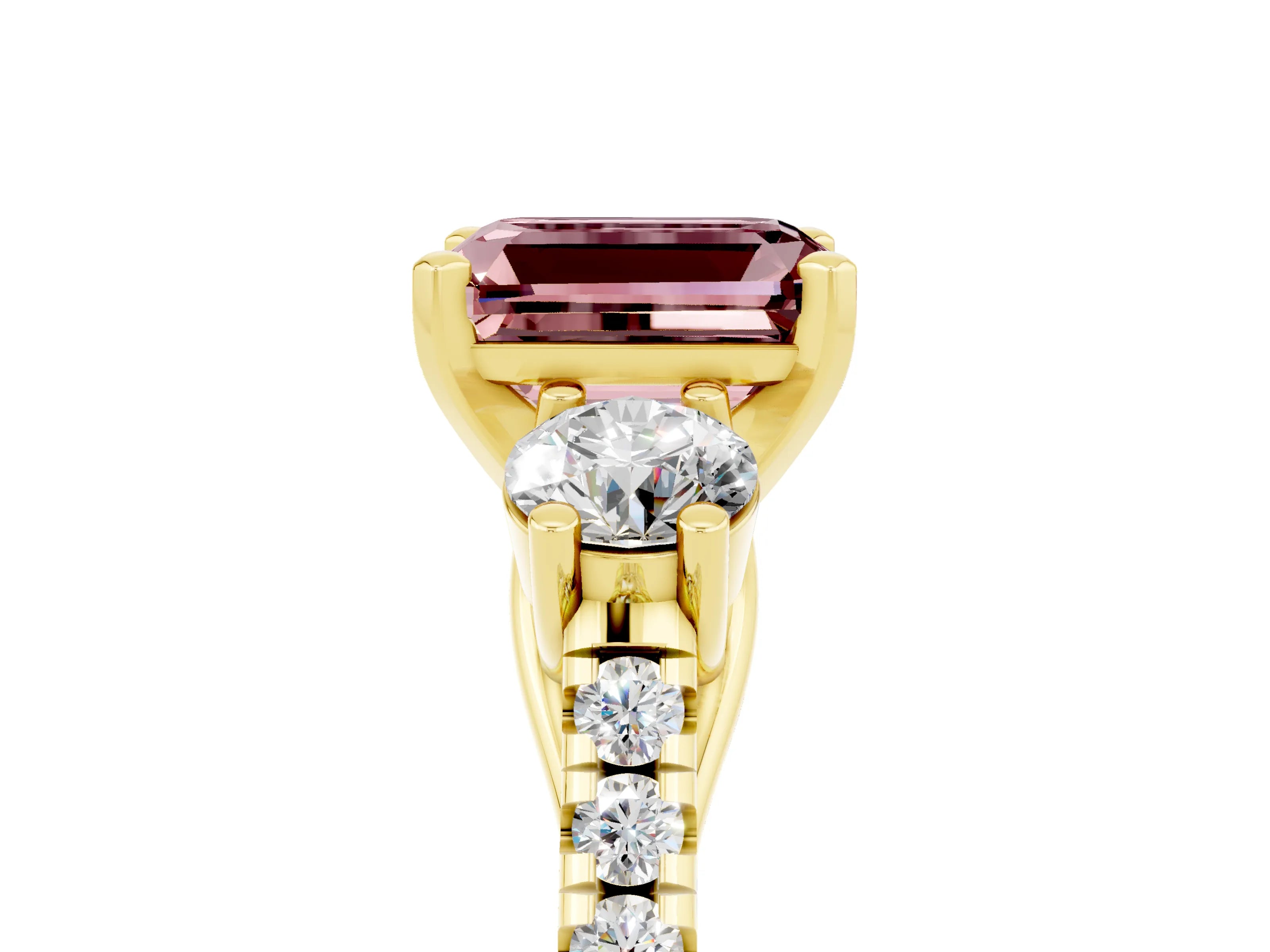 Yellow gold Three-Stone Emerald Cut Morganite Pavé Band with Four-Prong Setting_5