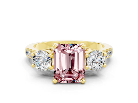 Yellow gold Three-Stone Emerald Cut Morganite Pavé Band with Four-Prong Setting