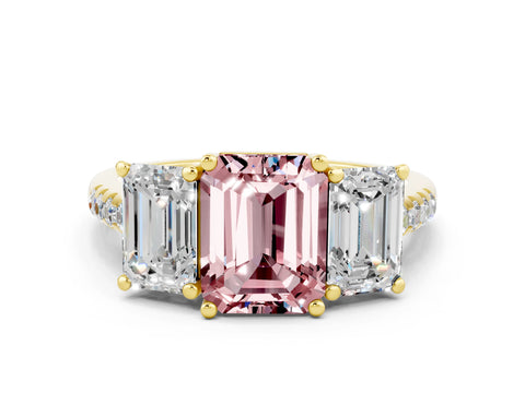 Yellow gold Three-Stone Emerald Cut Morganite Ring with Pavé Band and Prong Setting_12