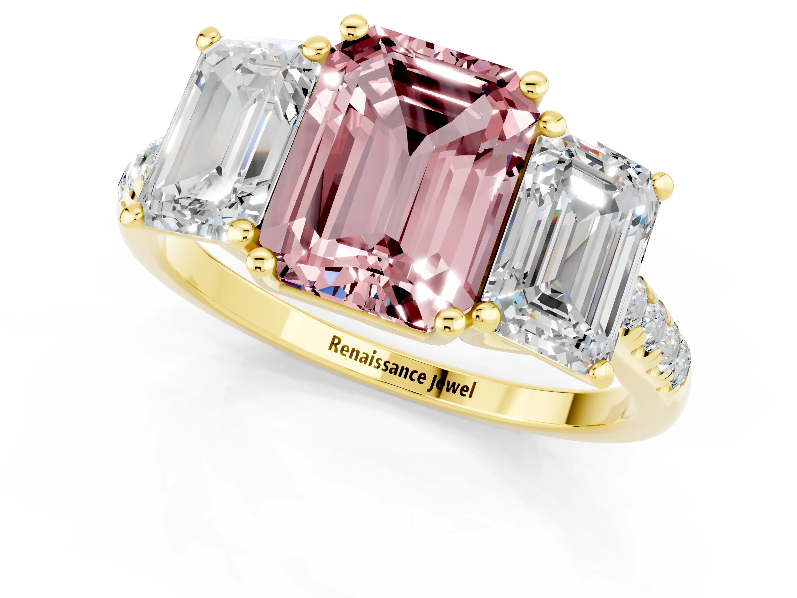 Yellow gold Three-Stone Emerald Cut Morganite Ring with Pavé Band and Prong Setting_13