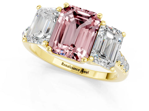 Yellow gold Three-Stone Emerald Cut Morganite Ring with Pavé Band and Prong Setting_13