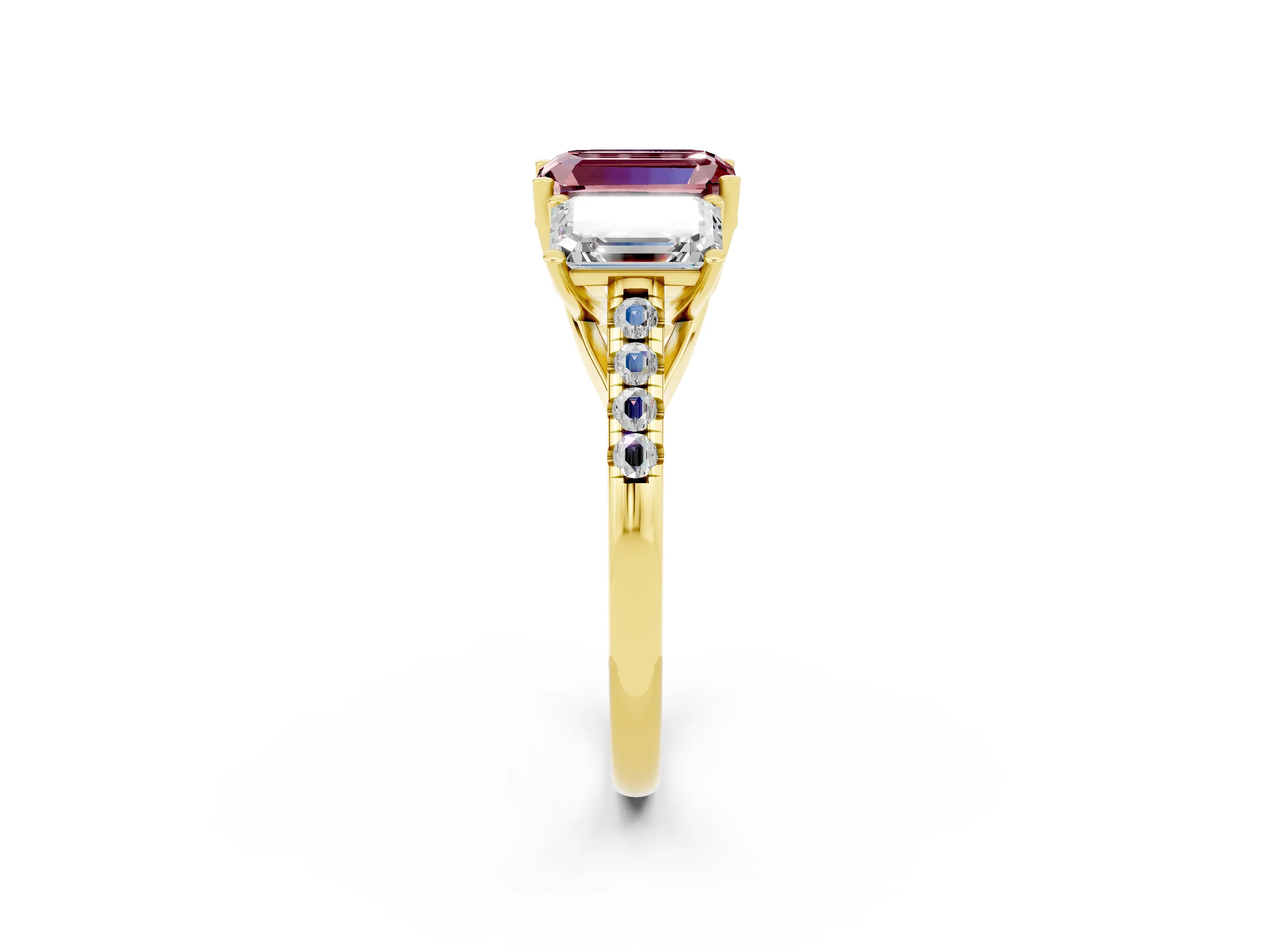 Yellow gold Three-Stone Emerald Cut Morganite Ring with Pavé Band and Prong Setting_14