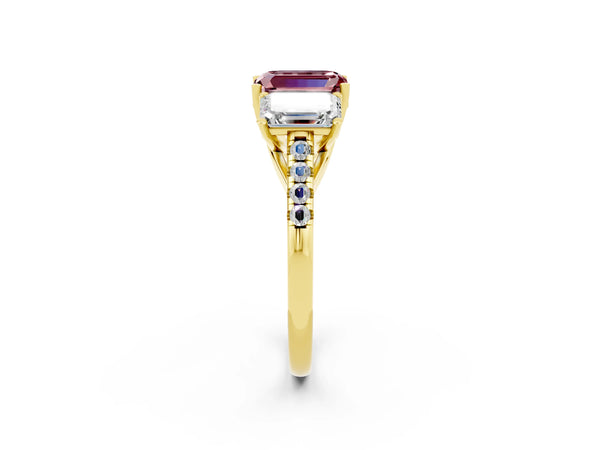 Yellow gold Three-Stone Emerald Cut Morganite Ring with Round  Pavé Band and Prong Setting