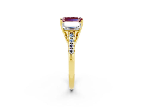 Yellow gold Three-Stone Emerald Cut Morganite Ring with Pavé Band and Prong Setting_14