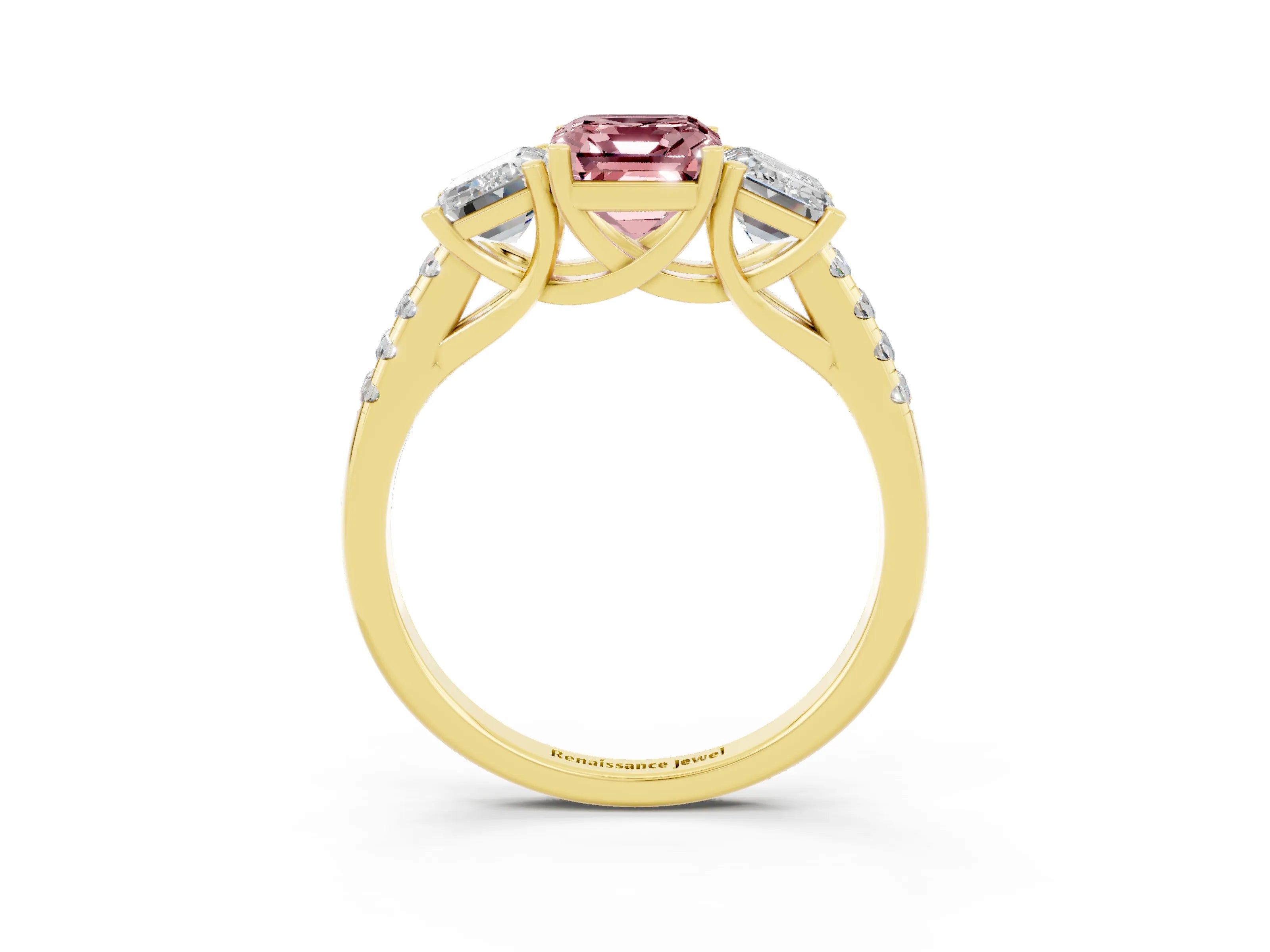 Yellow gold Three-Stone Emerald Cut Morganite Ring with Pavé Band and Prong Setting_15