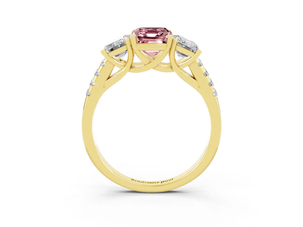 Yellow gold Three-Stone Emerald Cut Morganite Ring with Round  Pavé Band and Prong Setting