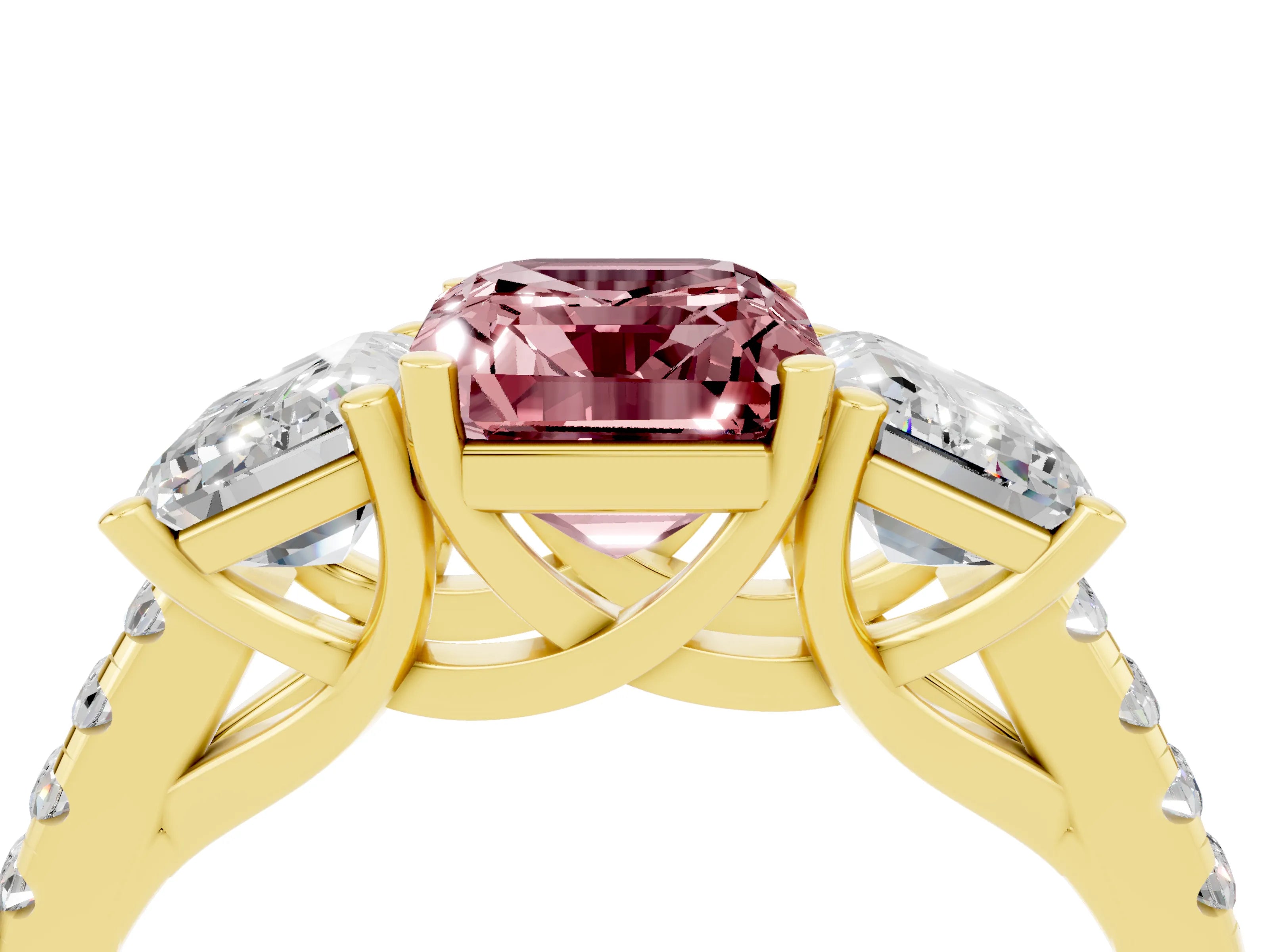 Yellow gold Three-Stone Emerald Cut Morganite Ring with Pavé Band and Prong Setting_16