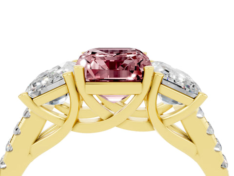 Yellow gold Three-Stone Emerald Cut Morganite Ring with Pavé Band and Prong Setting_16