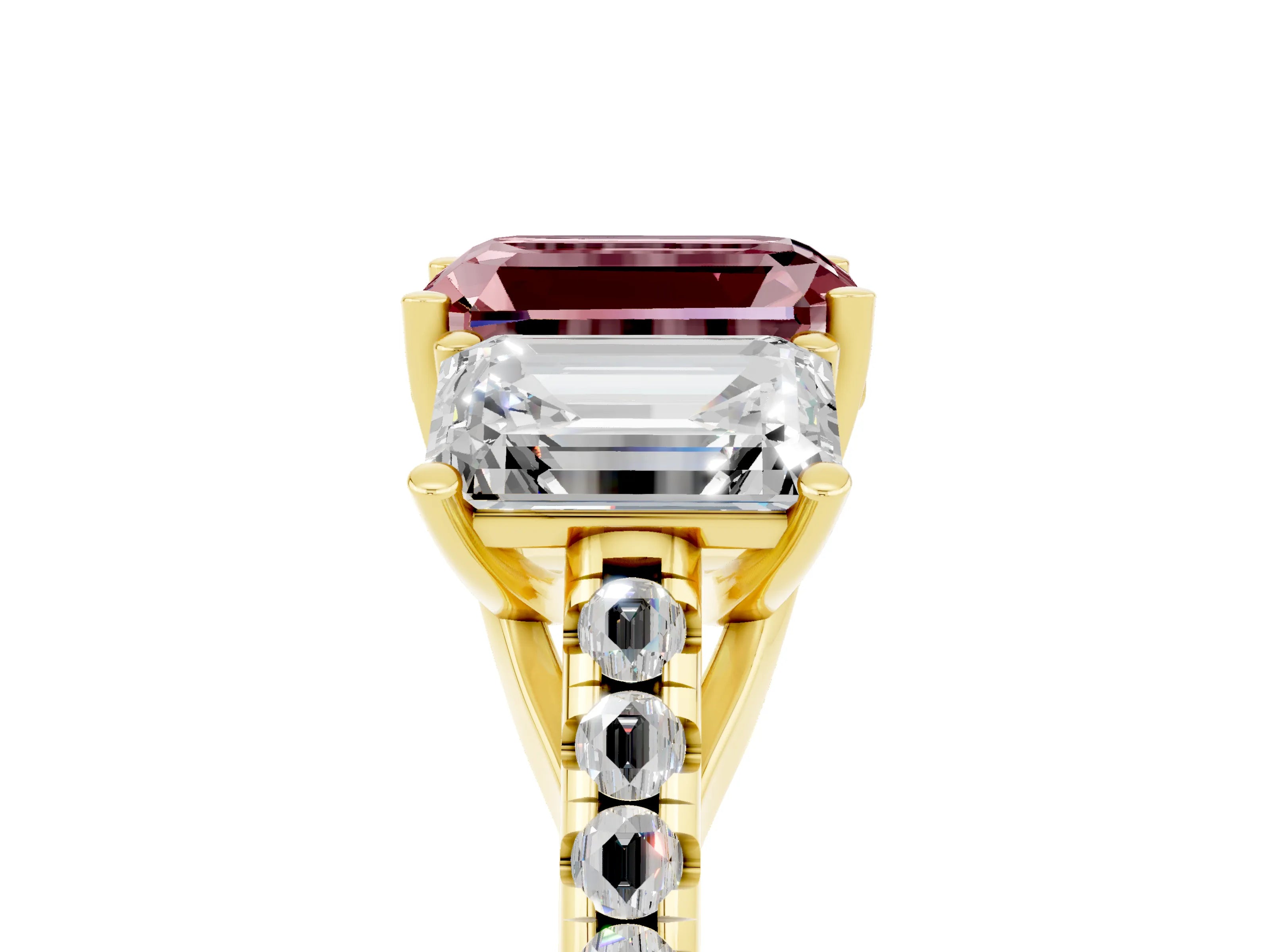 Yellow gold Three-Stone Emerald Cut Morganite Ring with Pavé Band and Prong Setting_17
